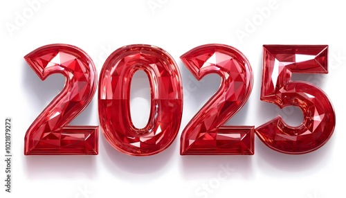 2025 red ruby and shinny text effect isolated on a white background. New Year banenr photo