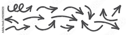 Hand drawn Vector arrows, Different brush drawn charcoal arrows, and Various bold brush-drawn curved arrows.
