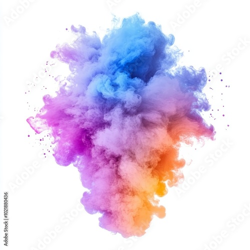 A vibrant explosion of blue, purple, and orange smoke emerges against a white background, creating a striking visual impact