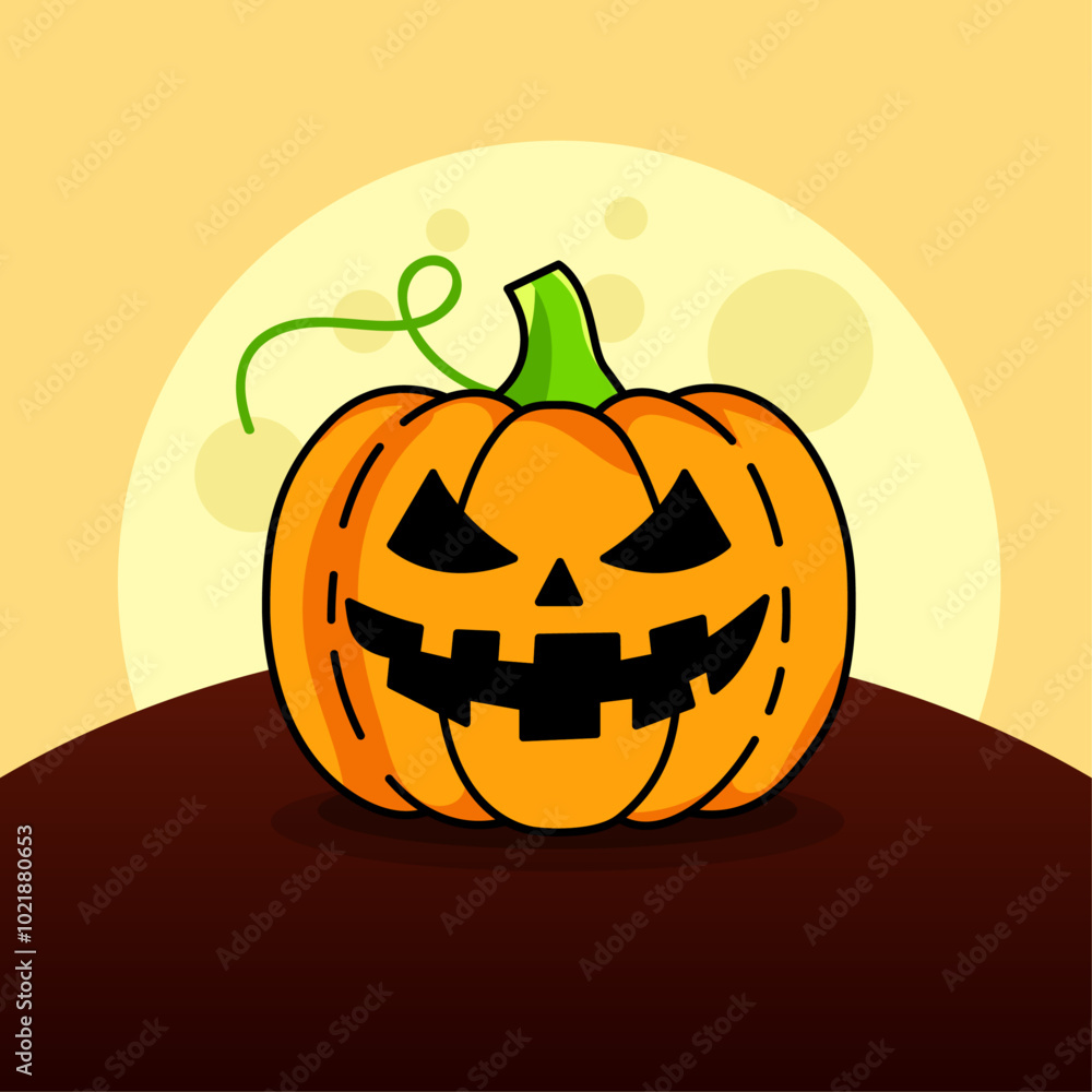 Halloween Decoration. Carved Pumpkin with Moon. Festive Jack-o'-lantern on Hill Halloween Decoration. Carved Pumpkin with Moon. Festive Jack-o'-lantern on Hill