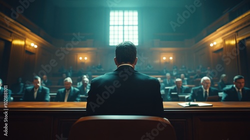 A man in a suit sits in front of a large audience in a grand hall, illuminated by a bright light from a window above. photo