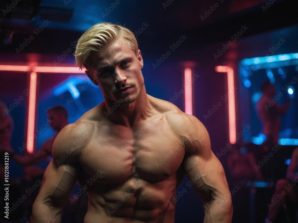 A muscular blond man with blue eyes poses confidently indoors in a vibrant atmosphere filled with neon lights. A muscular blond man with blue eyes poses confidently indoors in a vibrant atmosphere filled with neon lights.