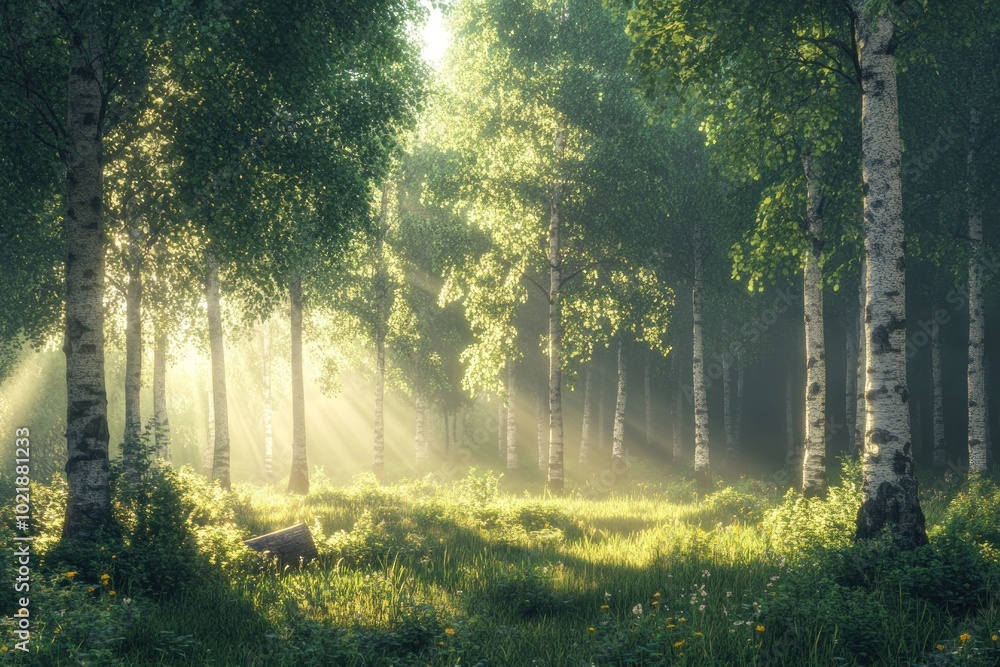Fototapeta premium Sun rays illuminate a lush green birch forest with fog.
