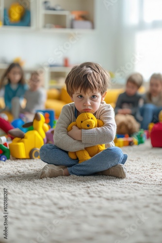 Child resisting clean-up in bright playroom, toys scattered everywhere, parent holding toy bin.