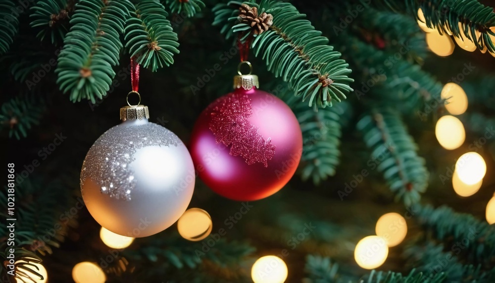 Obraz premium Colorful Christmas decorations adorn the branches of a spruce tree, vibrant balls in shades of red, silver, white and pink, embodying holiday cheer in winter. Happy New Year background. Generative AI