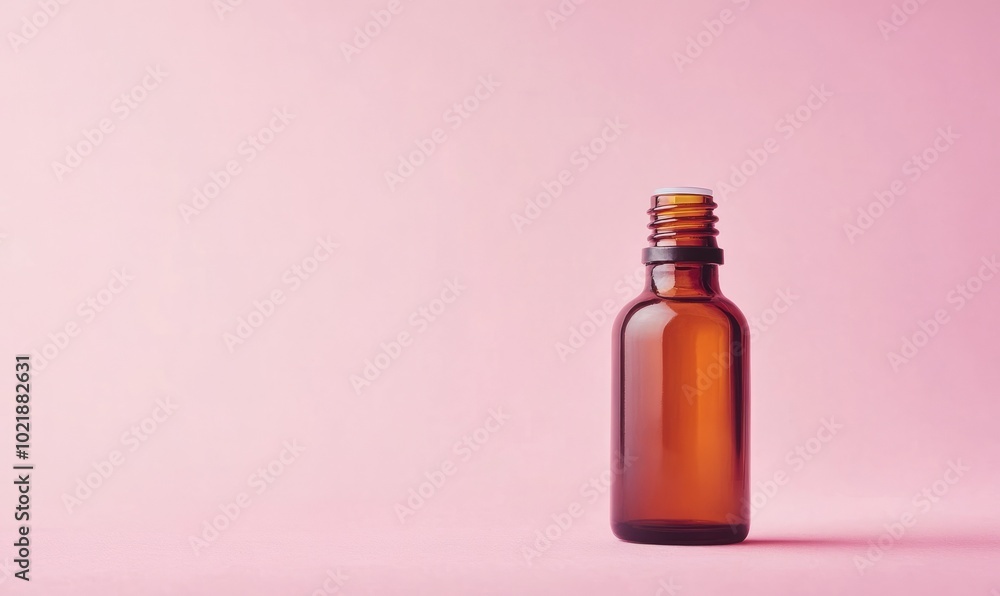 Glass bottle for essential oil on pink background Glass bottle for essential oil on pink background