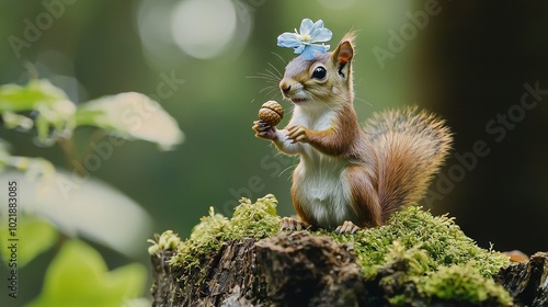  A squirrel adorned with a blue blossom sits on a stump, clutching a nut in its paw