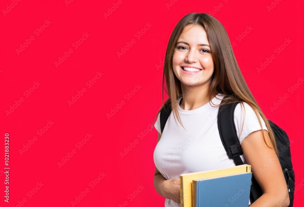Smiling female student carrying books and backpack on red background Smiling female student carrying books and backpack on red background