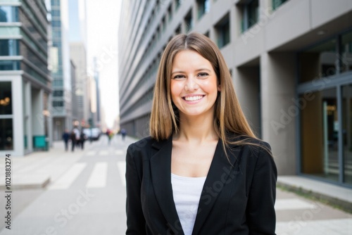 Smiling businesswoman standing on city street during the day