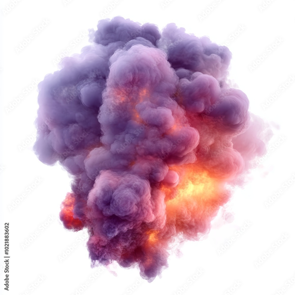 Fototapeta premium A vivid cloud of purple and orange smoke billows upward, creating a striking contrast against a clean backdrop