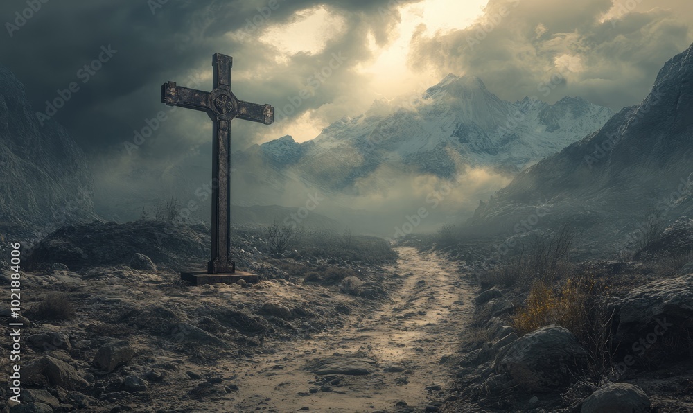 Fototapeta premium Crucifix in a Dramatic Mountainous Environment. Atmospheric Christian Concept