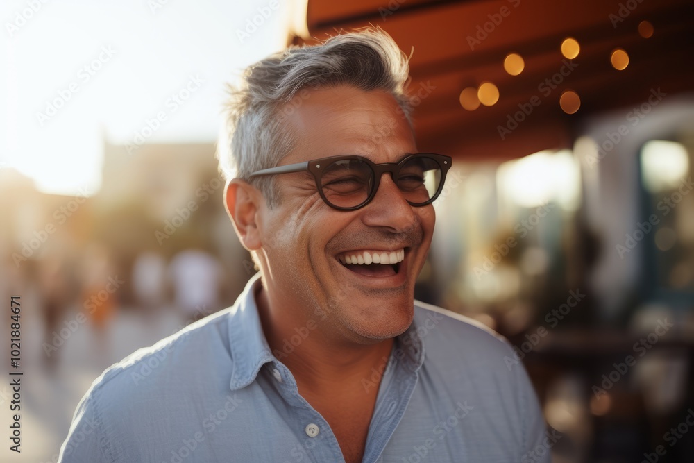 Portrait of a handsome middle-aged man in eyeglasses smiling outdoors Portrait of a handsome middle-aged man in eyeglasses smiling outdoors