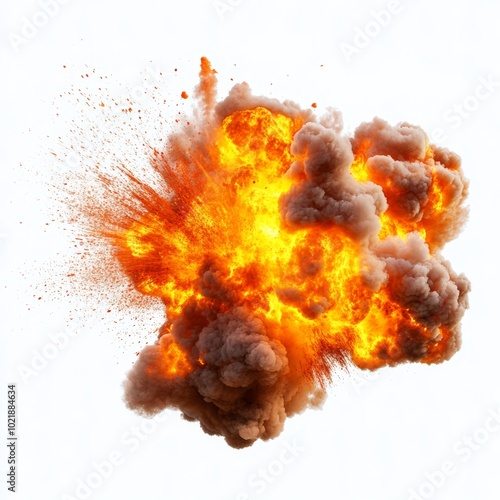 A large explosion erupts, producing a fiery ball and thick smoke, creating an intense visual spectacle in a clear setting photo