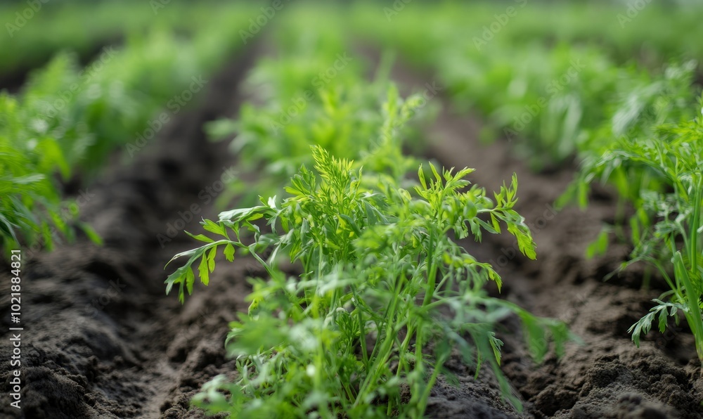 Fresh green plants in rows at carrot field Fresh green plants in rows at carrot field