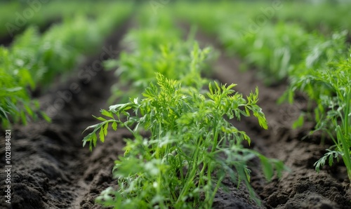 Fresh green plants in rows at carrot field