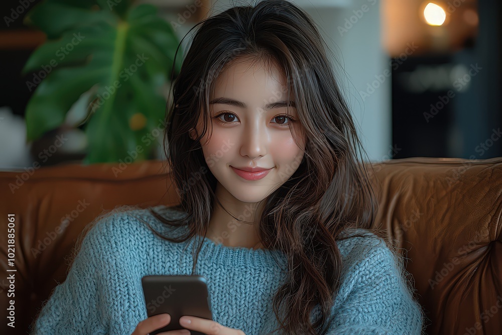 Woman in a blue sweater using her phone and smiling at home. Woman in a blue sweater using her phone and smiling at home.