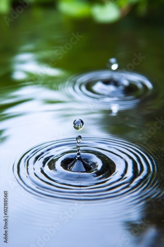 Close-up of Two Concentric Ripples in Calm, Reflective Water with a Centered Water Drop