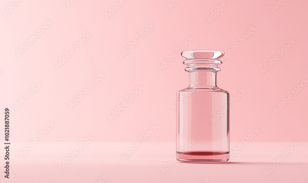 Glass bottle for essential oil on pink background Glass bottle for essential oil on pink background