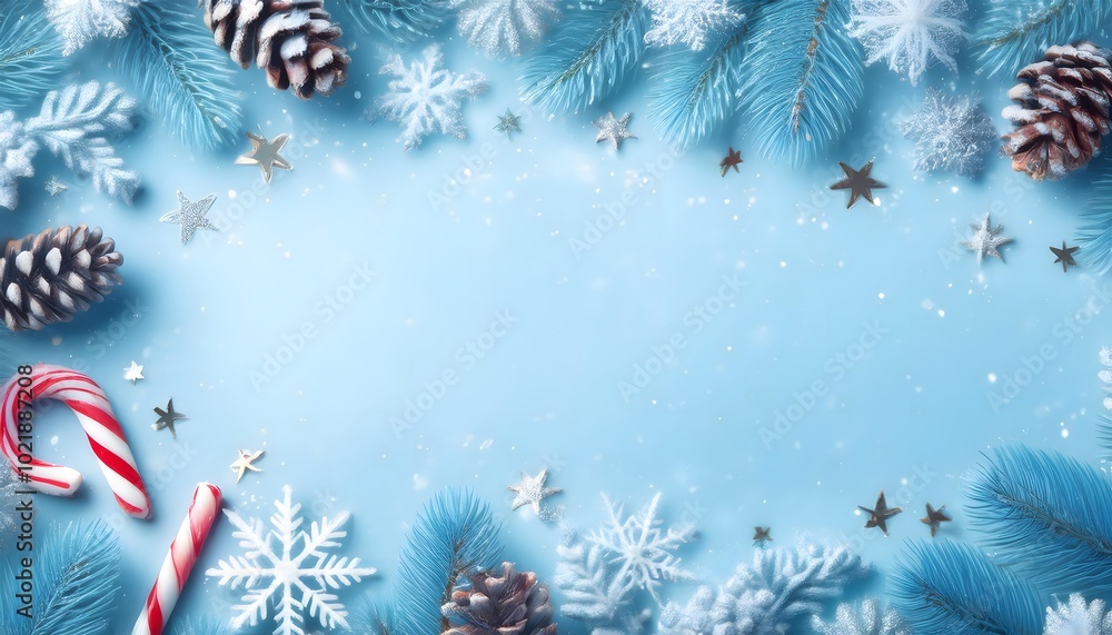 A snowy Christmas banner frame bordered with icy blue snowflakes, glittering stars, Christmas background frame with copy space A snowy Christmas banner frame bordered with icy blue snowflakes, glittering stars, Christmas background frame with copy space