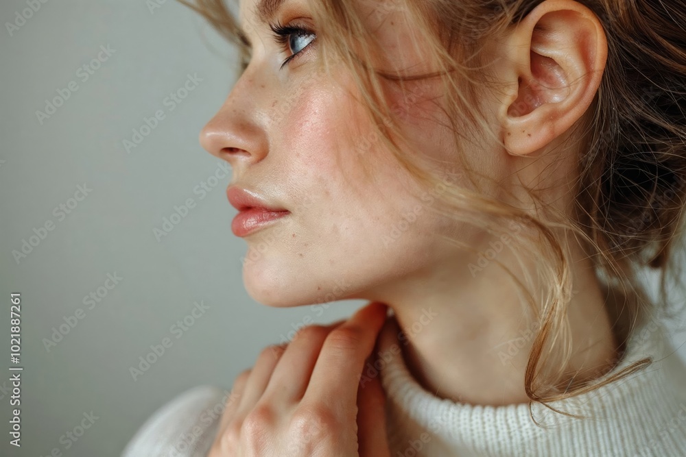Close-Up Portrait of Woman Touching Her Neck with Elegant Pose Close-Up Portrait of Woman Touching Her Neck with Elegant Pose