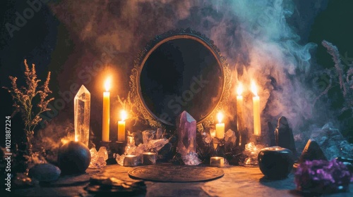  mystical altar , burning candles, and a black mirror for scrying,  dark, smoky background