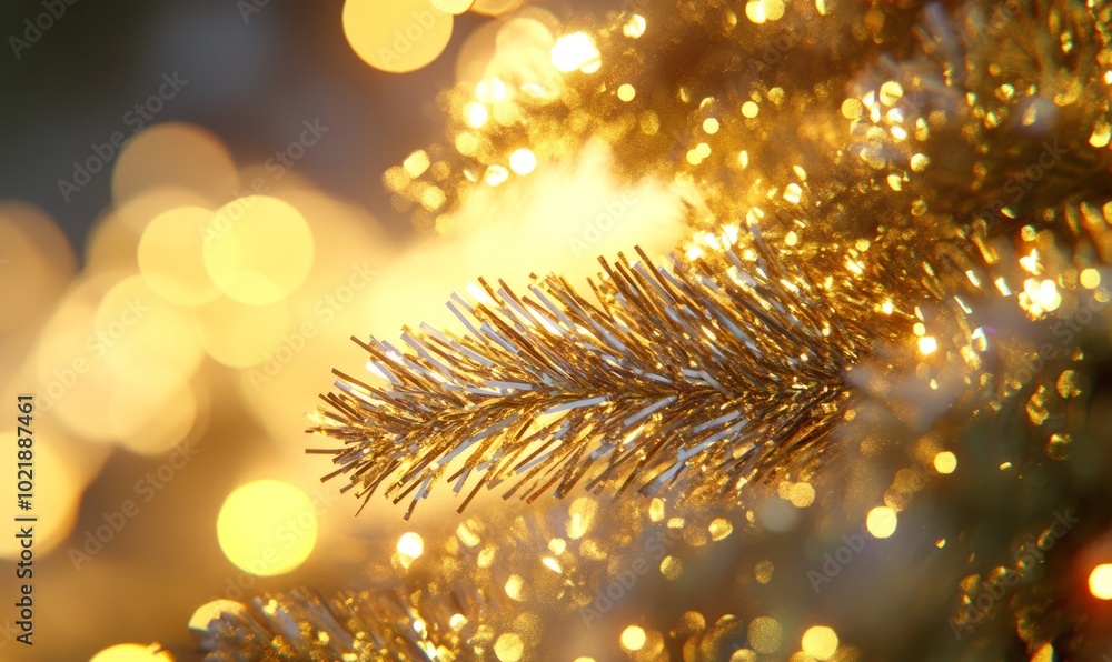 Fototapeta premium Glittering tinsel draped over a Christmas tree branch, with each strand reflecting light and adding a shimmering texture