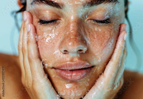 Refreshing Skincare Routine with Woman Splashing Water on Face