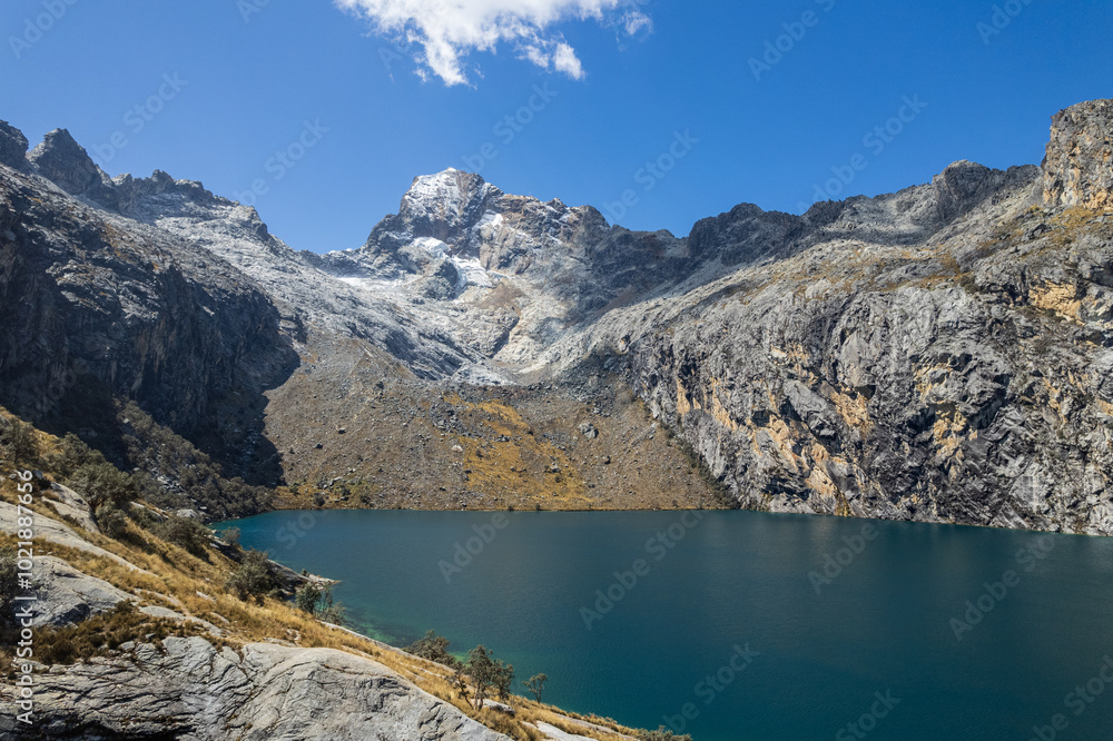 Churup Lake with Turquoise Waters Beneath the Snow-Capped Cordillera Blanca Churup Mountain in the Huascaran National Park, in Ancash, Peru