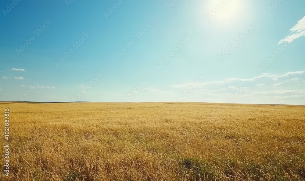 Golden field in the countryside with a distant horizon and clear blue sky