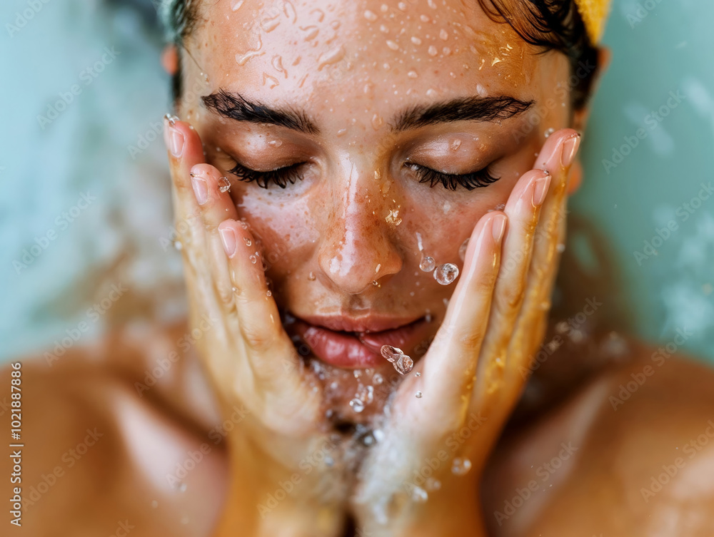 Obraz premium Woman Cleansing Her Face With Water for Skincare Routine