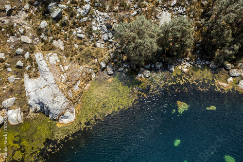 Obraz na płótnie Churup Lagoon Aerial View with Turquoise Waters in the Cordillera Blanca Mountain Rand in the Huascaran National Park Seen from Above, in Ancash, Peru w salonie