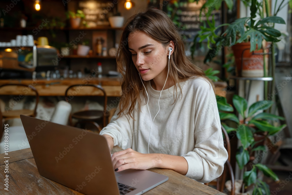 Young Woman Working Remotely in a Cozy Coffee Shop Young Woman Working Remotely in a Cozy Coffee Shop