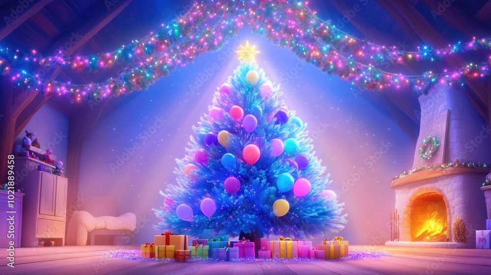 Obraz premium Festive christmas tree decorated with balloons and gifts in cozy living room