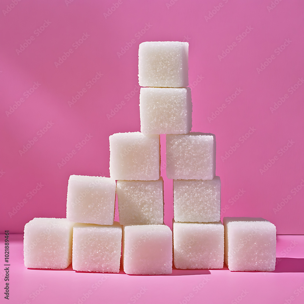 A stack of sugar cubes against a pink background symbolizes excessive sugar consumption, highlighting unhealthy dietary habits and the need for sugar alternatives in food A stack of sugar cubes against a pink background symbolizes excessive sugar consumption, highlighting unhealthy dietary habits and the need for sugar alternatives in food