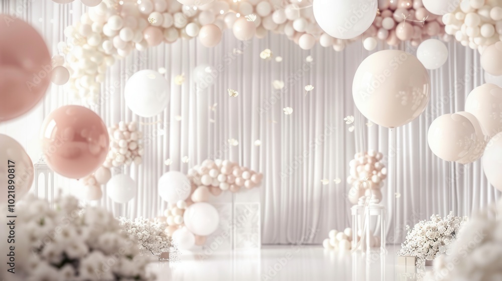White and pastel balloons adorn the wedding ceremony location, enhancing the romantic ambiance with floral accents and soft drapery. Generative AI White and pastel balloons adorn the wedding ceremony location, enhancing the romantic ambiance with floral accents and soft drapery. Generative AI
