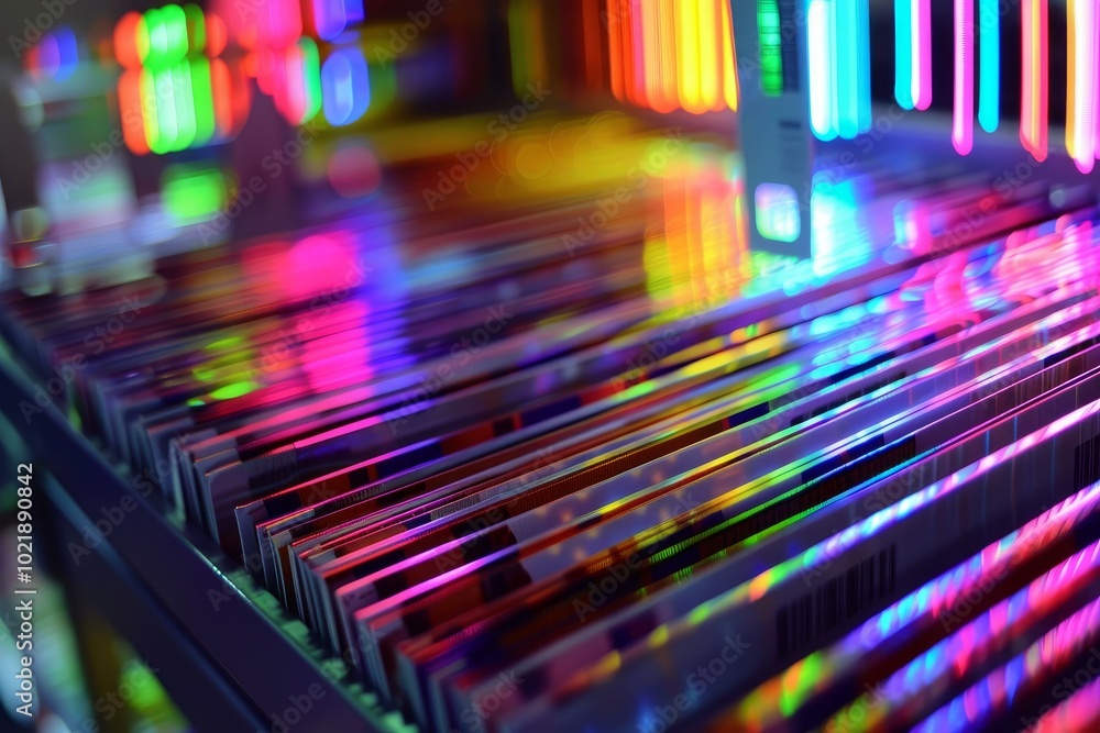 Colorful neon lights are reflecting on metallic surfaces creating an abstract design with a futuristic feel Colorful neon lights are reflecting on metallic surfaces creating an abstract design with a futuristic feel