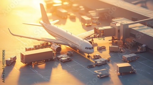 A stunning aerial view of an aircraft at an airport, surrounded by cargo and ground services, illuminated by warm sunset light. photo