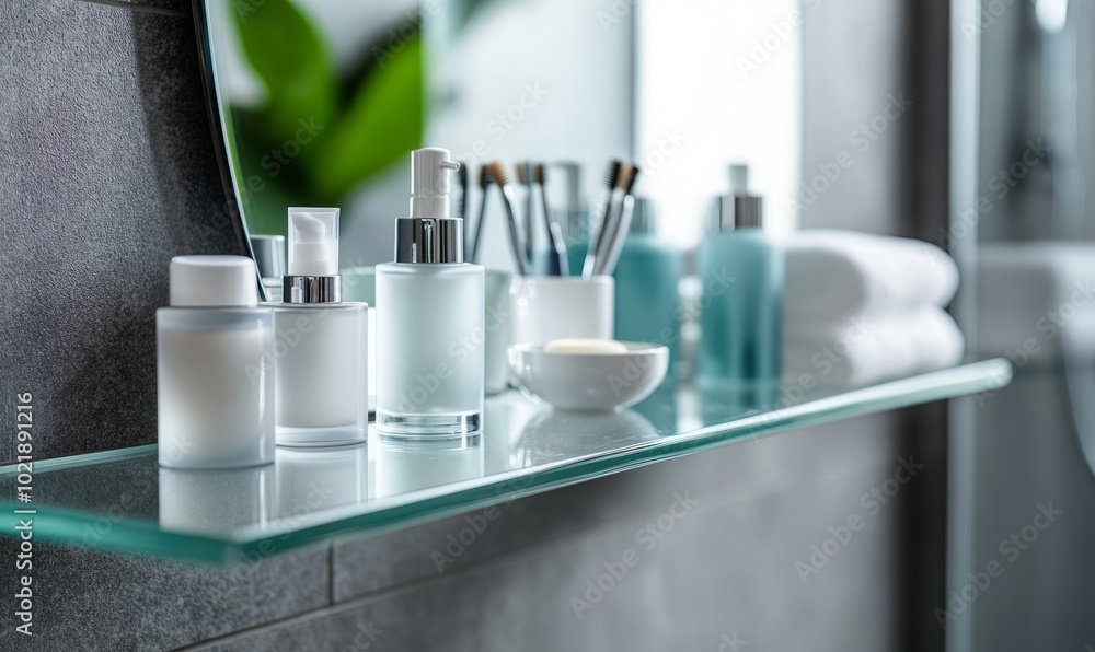 Makeup supplies for skin care placed on glass shelf in modern bathroom Makeup supplies for skin care placed on glass shelf in modern bathroom