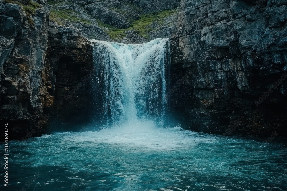 Naklejka premium A cascading waterfall flows over rocky cliffs into a tranquil pool of turquoise water.