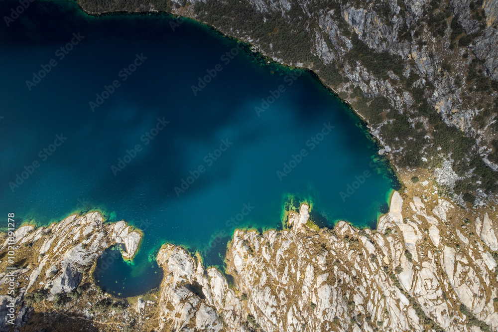 Churup Lagoon Aerial View with Turquoise Waters in the Cordillera Blanca Mountain Rand in the Huascaran National Park Seen from Above, in Ancash, Peru