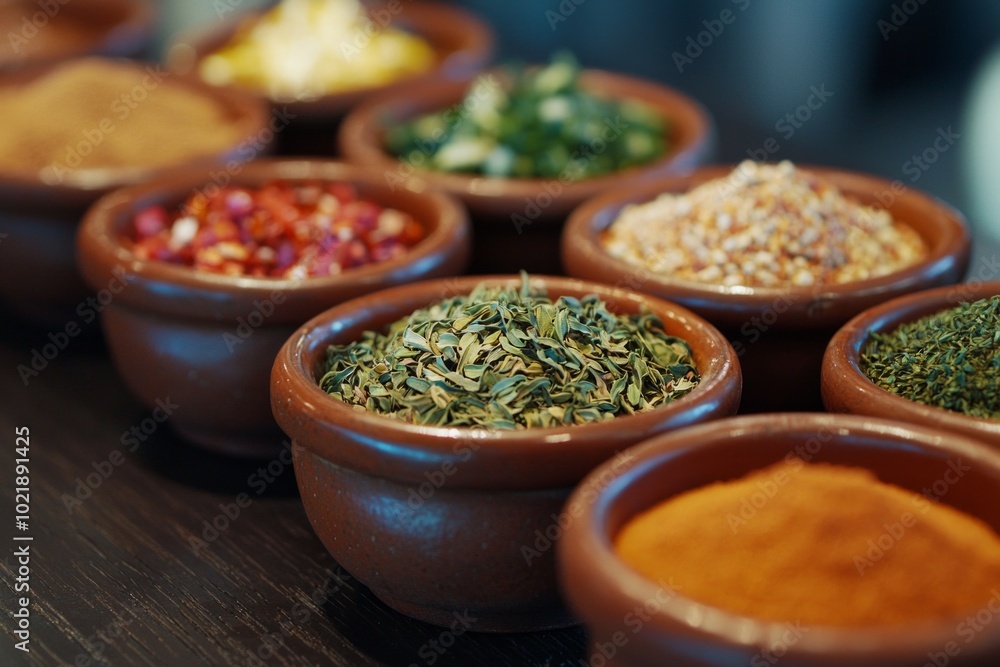 A close-up of colorful spices neatly arranged in small bowls on a dark wooden surface. A close-up of colorful spices neatly arranged in small bowls on a dark wooden surface.