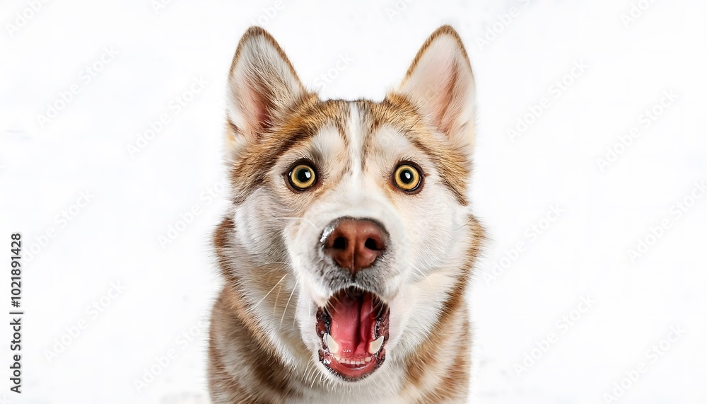 Angry and surprised dog isolated on a white background with a funny and excited expression Angry and surprised dog isolated on a white background with a funny and excited expression