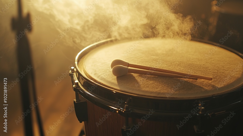Obraz premium A close-up of a drum with a mallet resting on its surface, surrounded by an atmosphere of smoke and warm lighting.