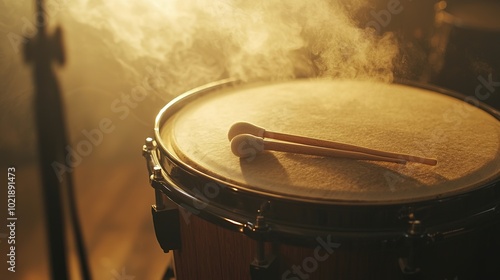 A close-up of a drum with a mallet resting on its surface, surrounded by an atmosphere of smoke and warm lighting. photo