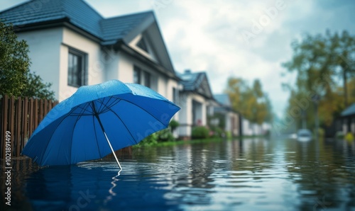 House covered with blue umbrella to protect it from rain and storm. Flood on the streets. Concept of home insurance.