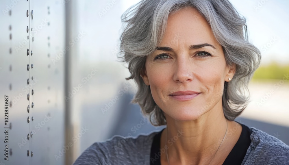 Confident, Smiling Mature Woman with Silver Hair Leaning Against a Textured Wall, Outdoor Portrait Confident, Smiling Mature Woman with Silver Hair Leaning Against a Textured Wall, Outdoor Portrait