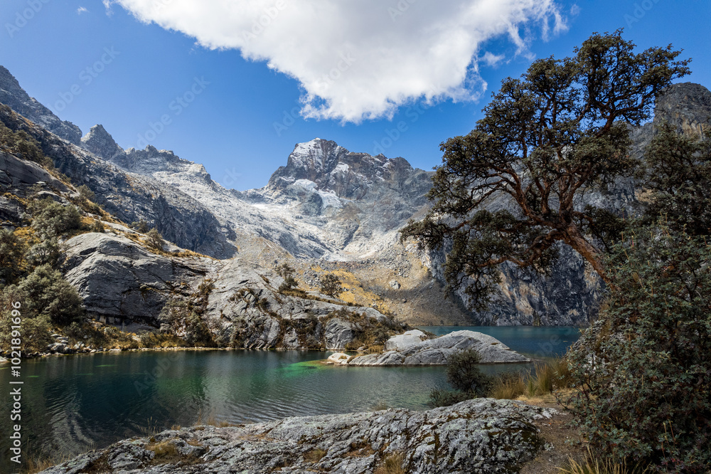 Churup Lake with Turquoise Waters Beneath the Snow-Capped Cordillera Blanca Churup Mountain in the Huascaran National Park, in Ancash, Peru