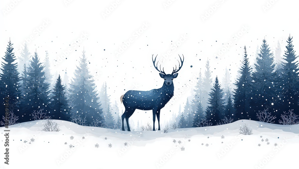 Winter forest with a deer in the center Winter forest with a deer in the center