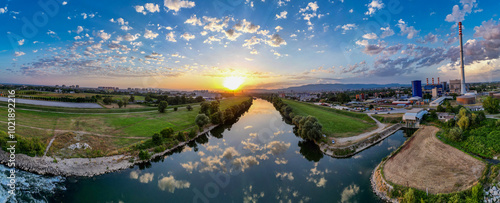 Aerial panorama of Sava riverbanks in the city of Zagreb, Croatia during wonderful sunset