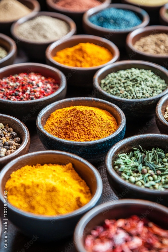 A close-up of colorful spices neatly arranged in small bowls on a dark wooden surface. A close-up of colorful spices neatly arranged in small bowls on a dark wooden surface.